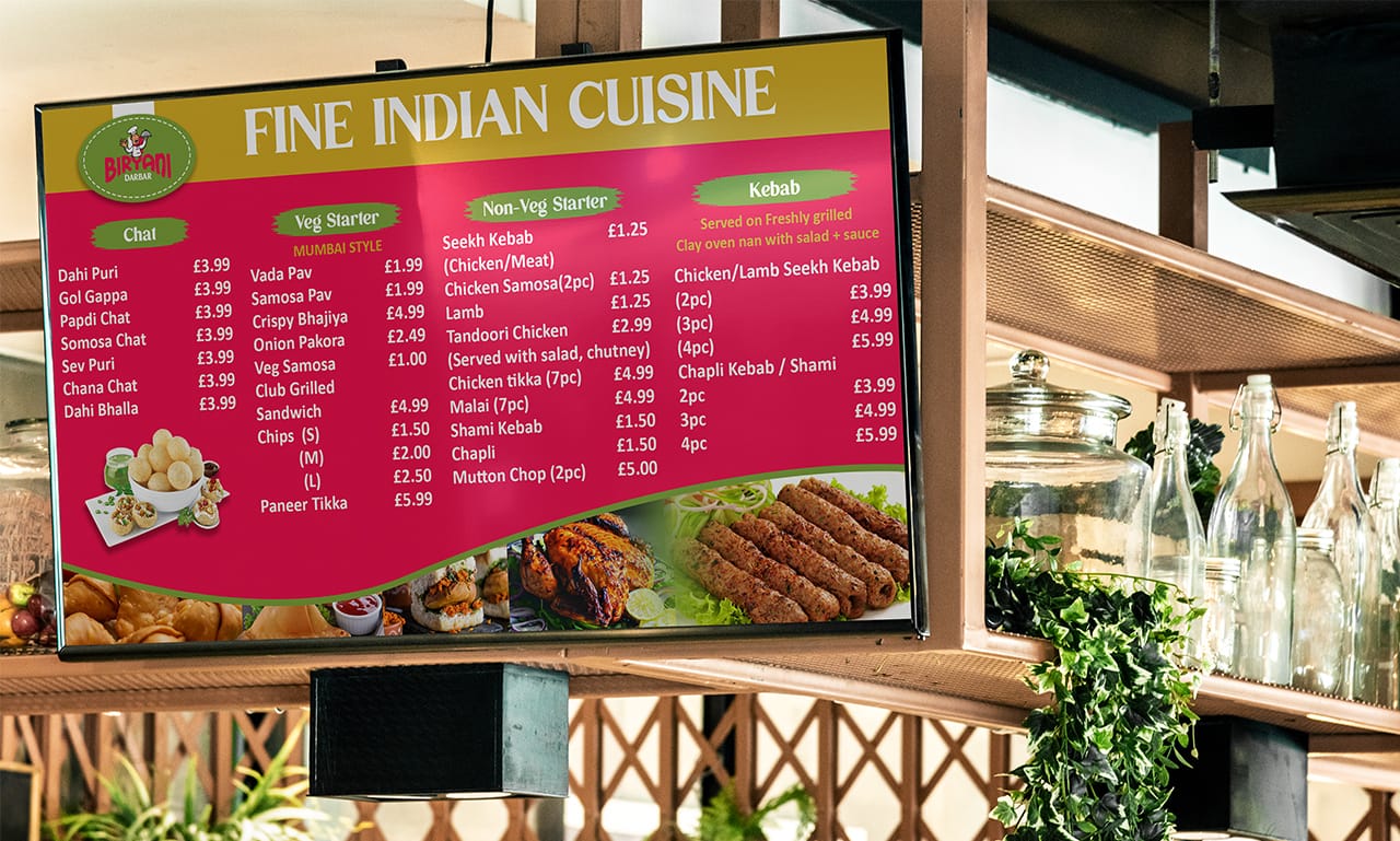 Indian restaurant digital signage menu board design